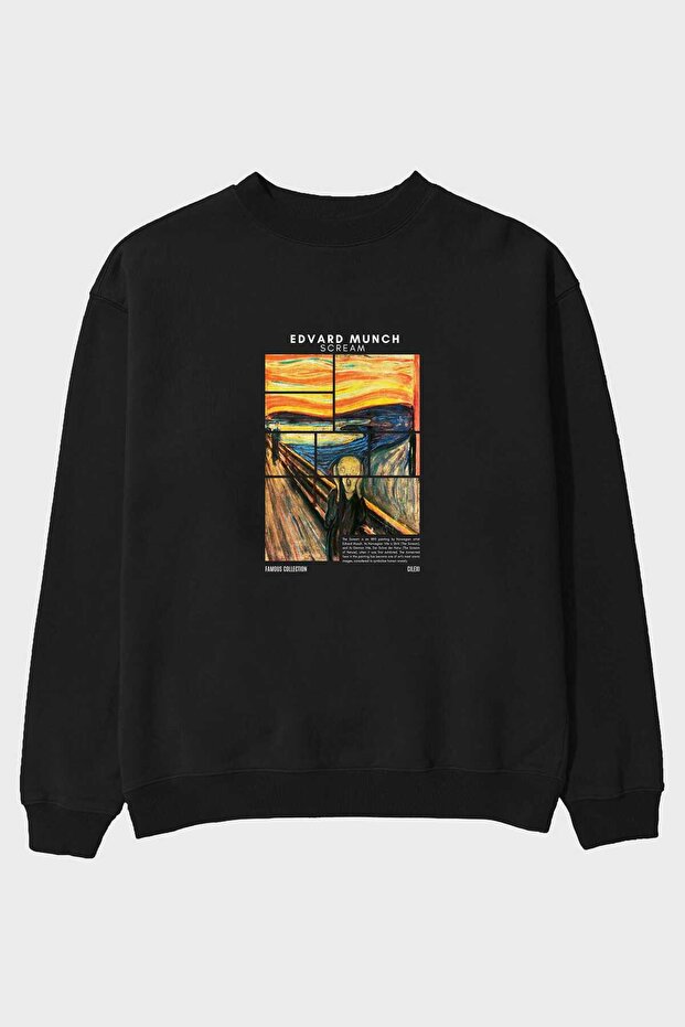 Edvard Munch Scream Front Printed Black Oversize Sweatshirt Men Women Unisex