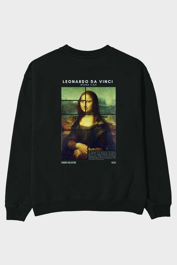 Leonardo Da Vinci Mona Lisa Back Printed Black Oversize Sweatshirt Men Women Unisex
