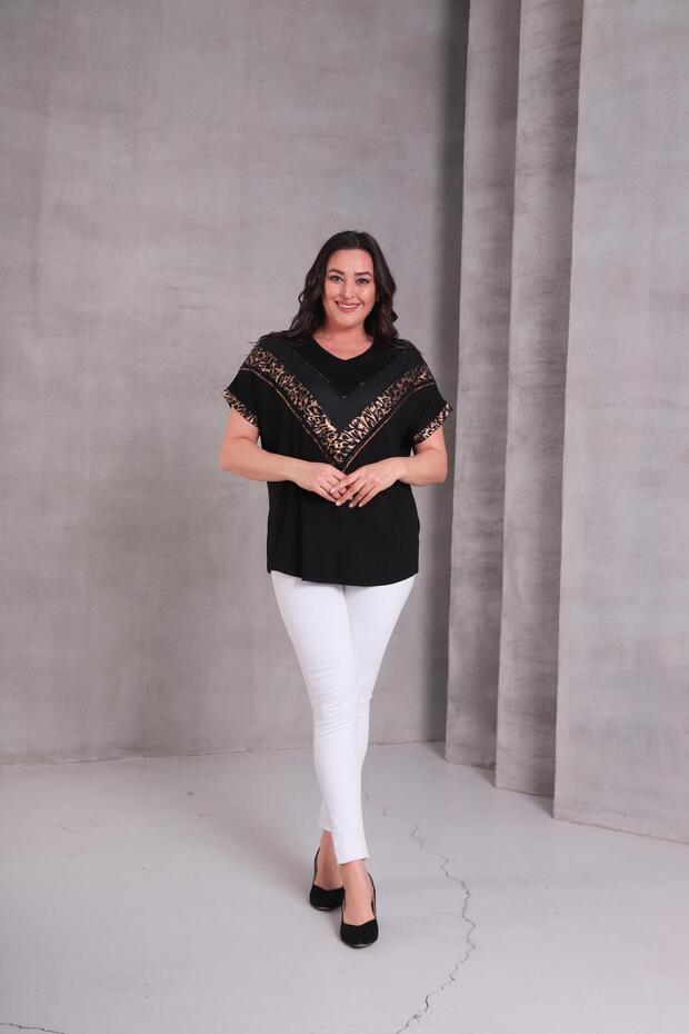 Women's Plus Size V Pattern Stone Leopard Printed Black-Brown Blouse