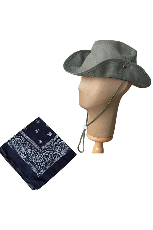 Summer Foldable Safari Fedora Cowboy Hat with Cotton Bandana Combination