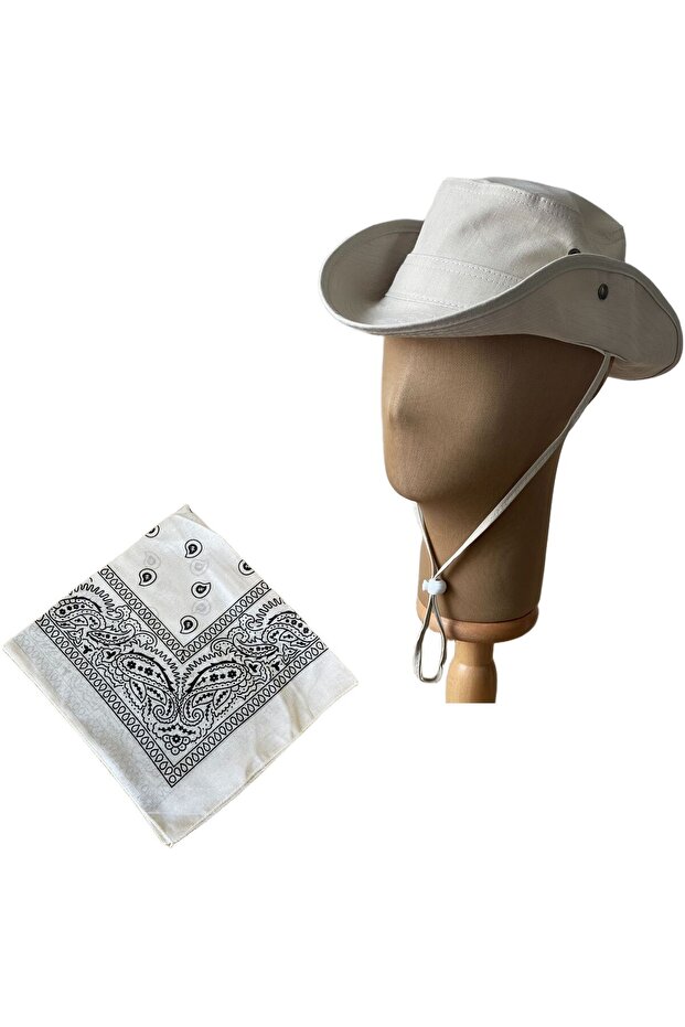 Summer Foldable Safari Fedora Cowboy Hat with Cotton Bandana Combination