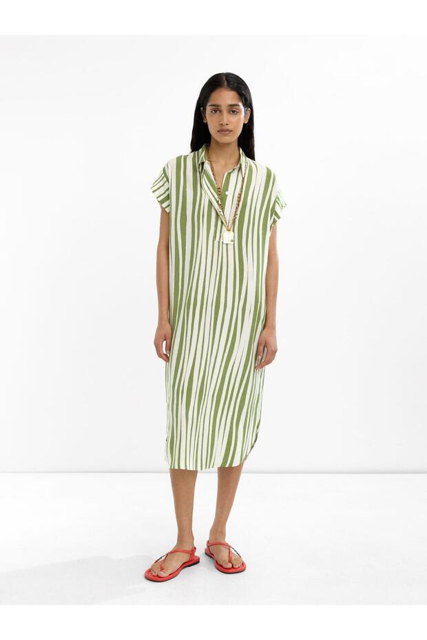 Çizgili Gömlek Elbise - 4