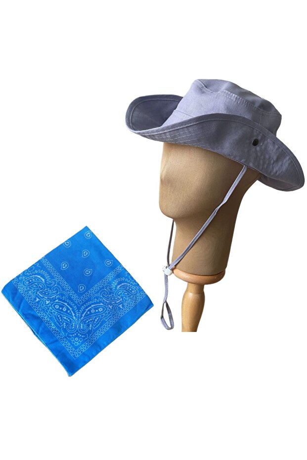 Summer Foldable Safari Fedora Cowboy Hat with Cotton Bandana Combination