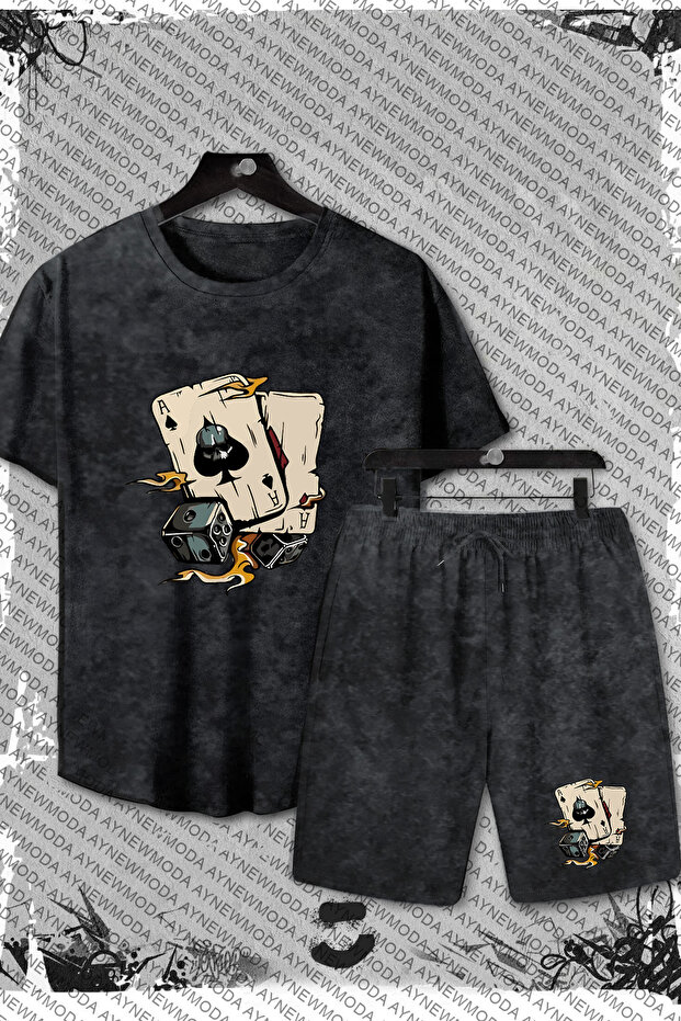 Dice and Playing Cards Printed Oversize Top-Bottom Team Black Bartik Shorts T-Shirt
