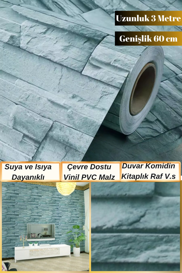 3 Metre Kendinden Yapışkanlı Suya ve Isıya Dayanıklı Tuğla Taş Desenli 3D Duvar Kağıdı - 1