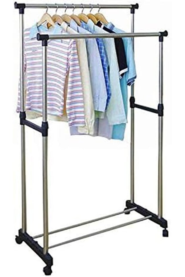 رف تجفيف الملابس مزدوج القطب بثلاث طبقات مع عجلات - 2