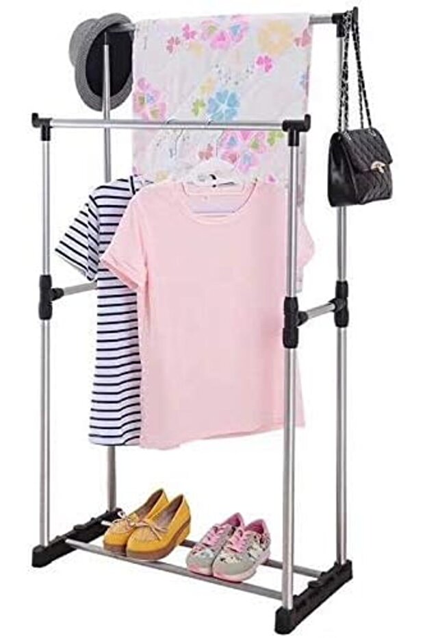 رف تجفيف الملابس مزدوج القطب بثلاث طبقات مع عجلات - 1