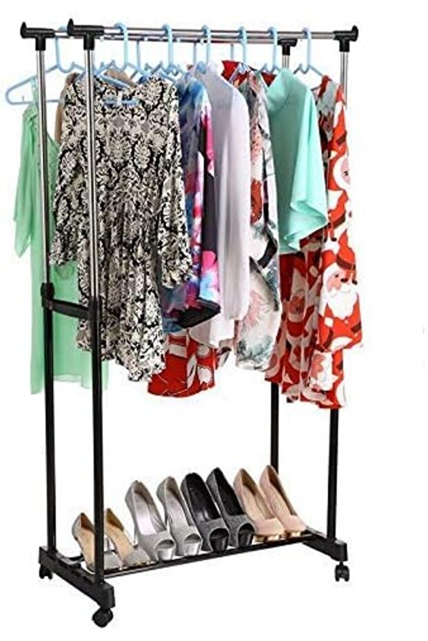 رف تجفيف الملابس مزدوج القطب بثلاث طبقات مع عجلات - 3