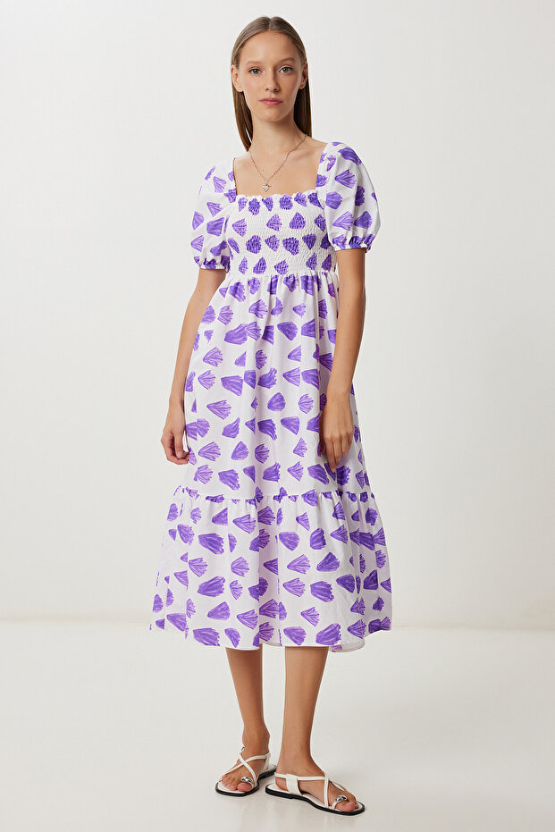 Balloon Sleeve Patterned Woven Dress Lfg0080 Purple White