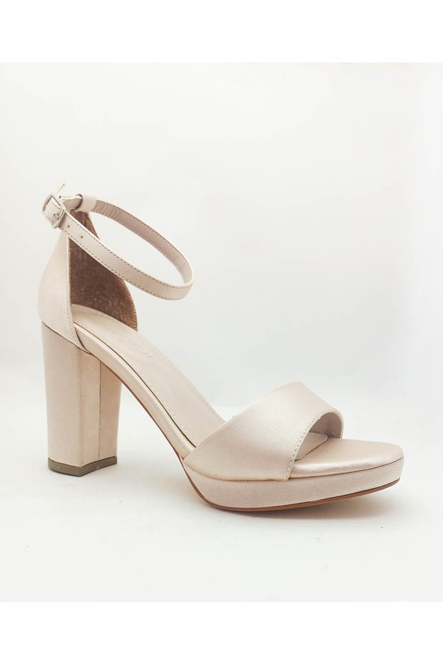 Skin Color Thick Heel Platform Sole Satin Women's Evening Dress Shoes