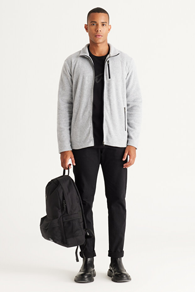 Erkek Gri Melanj Standart Fit Dik Bato Yaka Cepli Fermuarlı Soğuk Geçirmez Sweatshirt Polar Ceket - 4