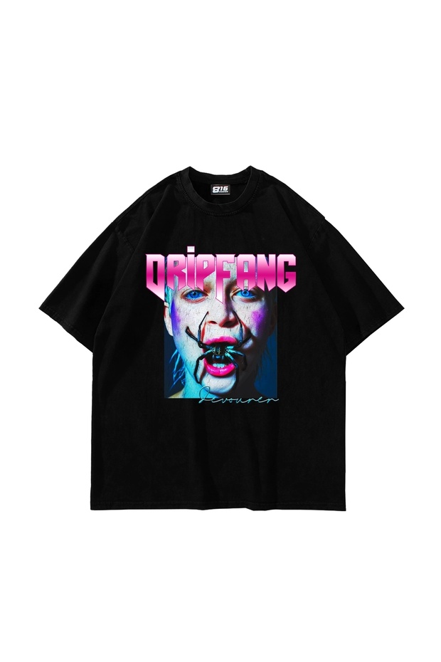 Dripfang Printed Oversize Unisex Black Tshirt