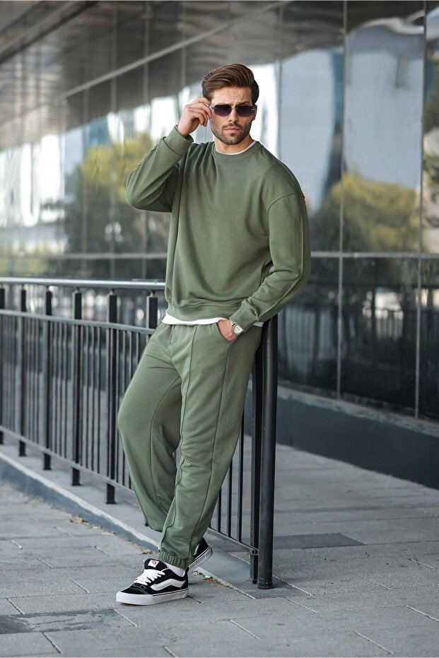 Haki Bisiklet Yaka Basic Erkek Eşofman Takımı E7323 - 4