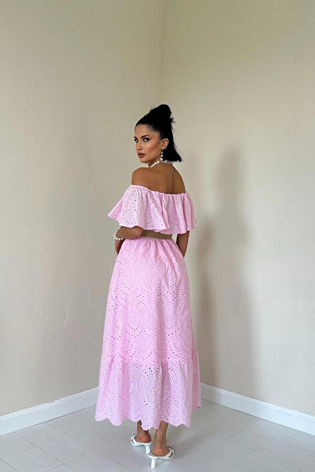 Pembe Elastik Omuz İşlemeli Elbise - 3