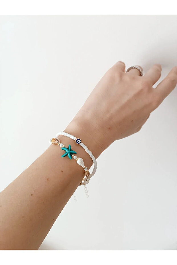Sea Shell Set of 2 White Fimo Evil Eye Beads Sea Star Oyster Bracelet
