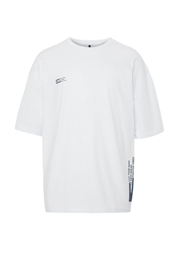Beyaz Oversize Yazı Baskılı %100 Pamuklu T-Shirt TMNSS24TS00075 - 6