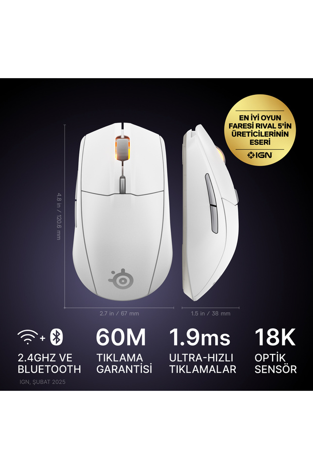 Rival 3 Wireless Gen 2 Gaming Mouse - 2.4ghz Ve Bluetooth Bağlantı - Beyaz - 3