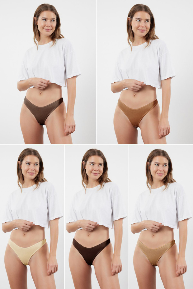 Kahverengi-Çok Renkli 5'li Paket Fitilli Tanga Örme Külot THMSS24KU00045 - 1