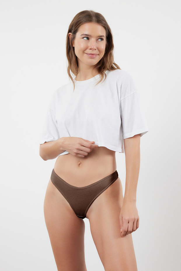 Kahverengi-Çok Renkli 5'li Paket Fitilli Tanga Örme Külot THMSS24KU00045 - 8