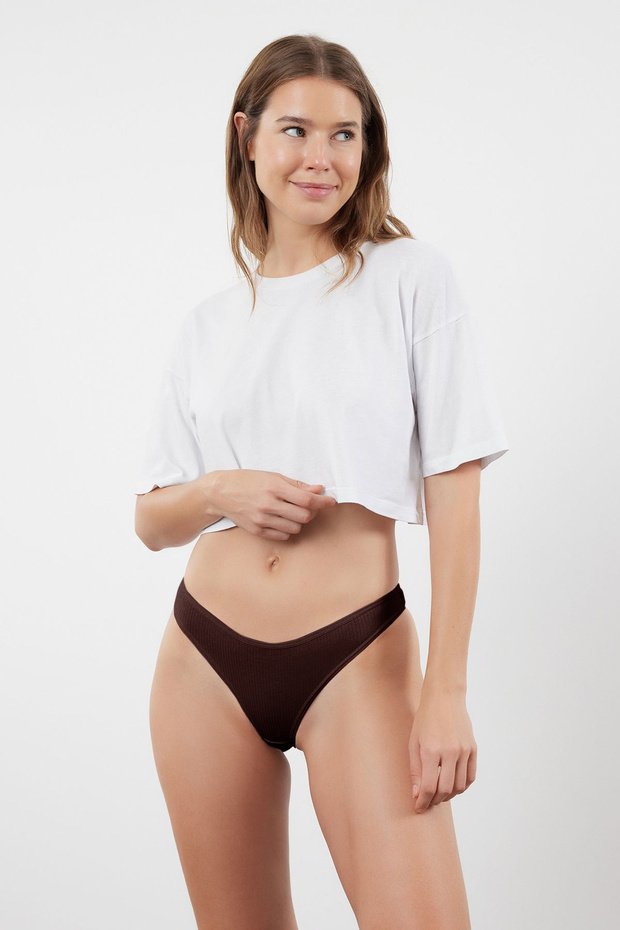 Kahverengi-Çok Renkli 5'li Paket Fitilli Tanga Örme Külot THMSS24KU00045 - 14