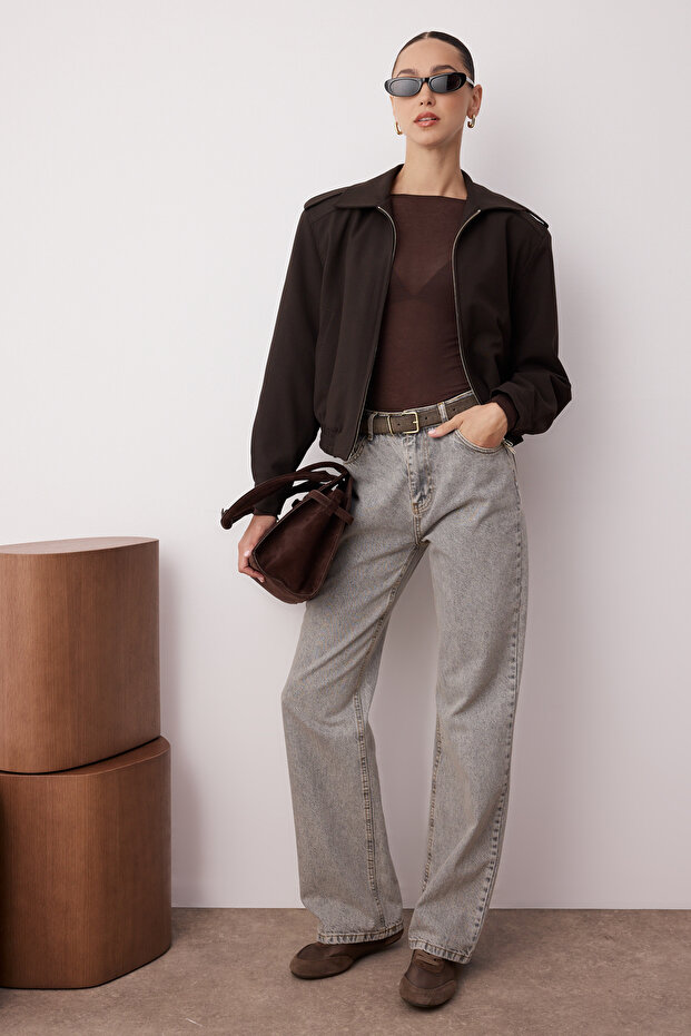 Gri Yüksek Bel Wide Leg Geniş Paça %100 Pamuk Non-Stretch Jeans TWOSS23JE00083 - 1