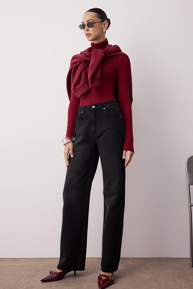 Fekete magas derekú széles szárú széles szárú farmer TWOAW24JE00074 - 3