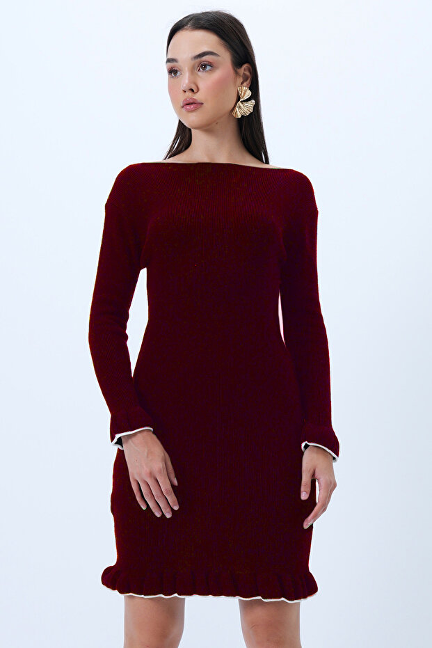 Kadın Bordo Kayık Yaka Kolu Ve Eteği Fırfırlı Triko Elbise ALC-X14285 - 2