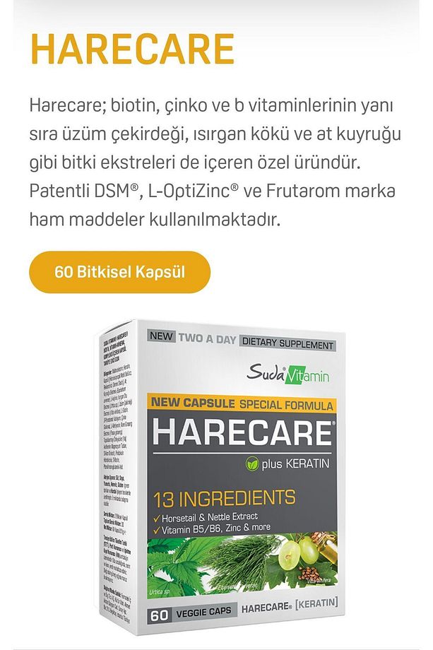 Harecare Saç Vitamini Keratin+Yüksek Doz Biotin+Çinko Saç Dökülmesi Karşıtı 60 Bitkisel Kapsül - 2