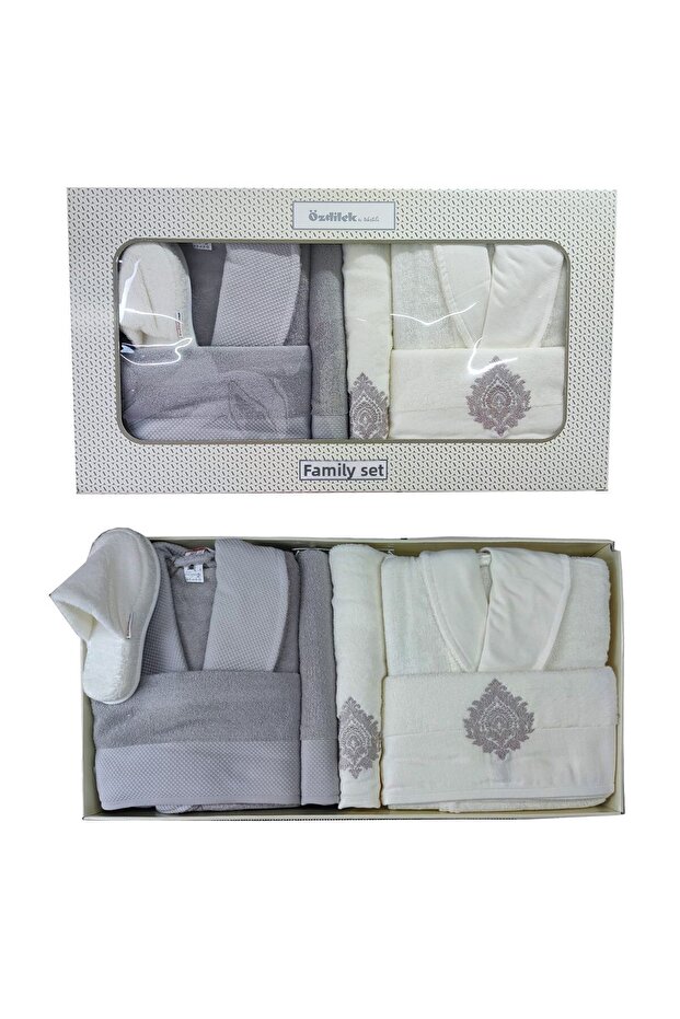 Majestic Family Bathrobe Set 10 Pieces Gray Cream - Powder Glitter & Slippers Gift