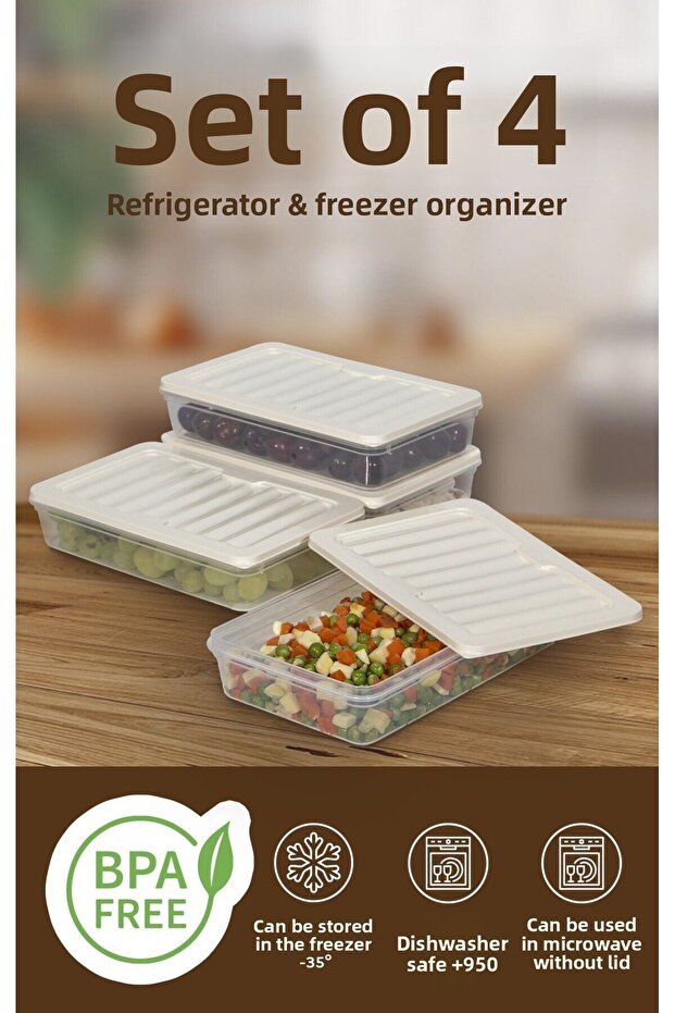 Set of 4 1200 ml Refrigerator Organizer, Freezer and Microwave Storage Container