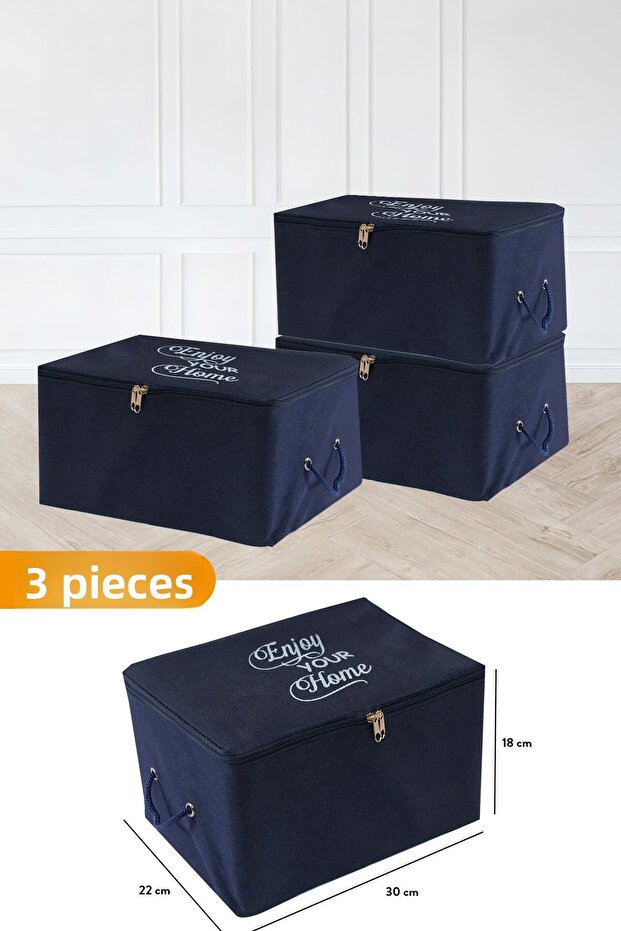 3 Pieces - Mini Size Navy Blue Saddlebag with Print Detail 30 X 22 X 18 Cm