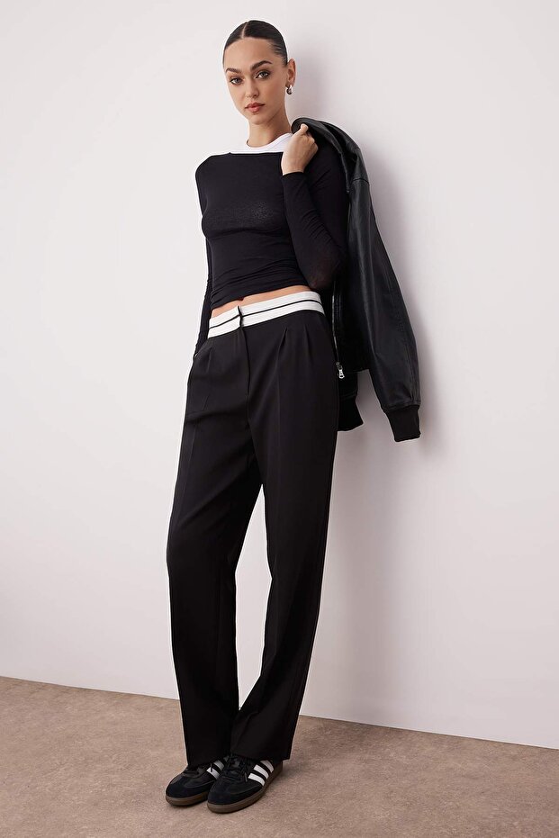 Siyah Wide Leg/Geniş Paça Yüksek Bel Kemer Detaylı Dokuma Kumaş Pantolon TWOSS23PL00150 Palazzo - 2