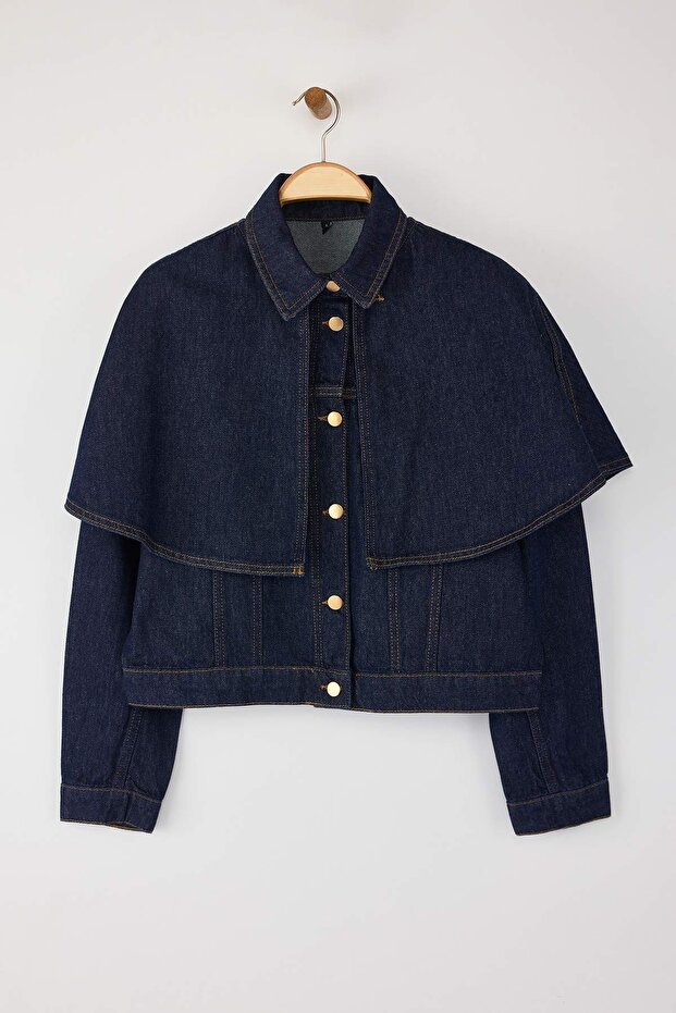 Özel Koleksiyon Koyu Mavi Çıkarılabilir Pelerinli Denim Panço Ceket TWOAW26CE00001 - 5