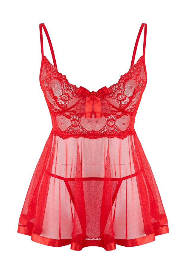 Kırmızı Şeritli Kapsız Külotlu Dantelli Tül Askılı Mini Boy Babydoll/Fantezi Gecelik THMAW26CY00004 - 5