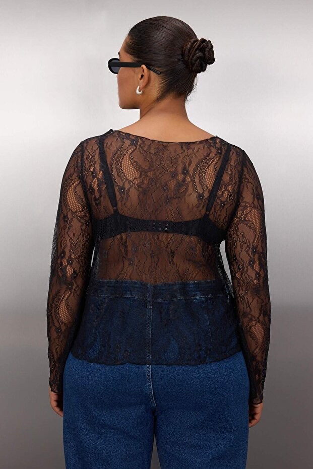Siyah Regular Fit Kayık Yaka Dantel Örme Büyük Beden Bluz TBBAW26AF00031 - 4