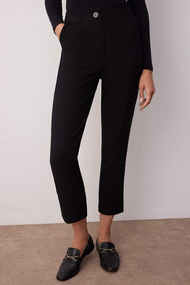Siyah Basic Cigarette Dar Paça Dokuma Kumaş Pantolon TWOSS19ST0038 - 3