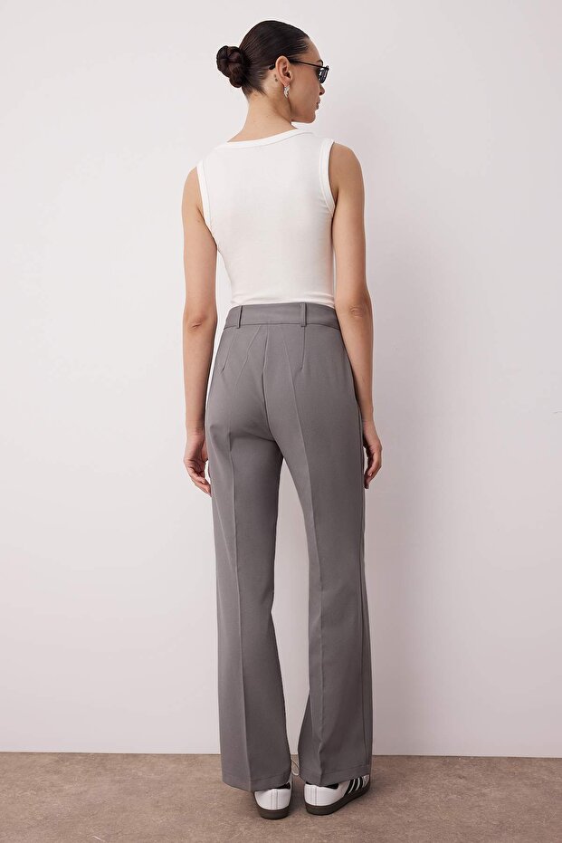 Gri Straight/Düz Kesim Yüksek Bel Nervür Dikişli Dokuma Pantolon TWOSS21PL0093 - 4