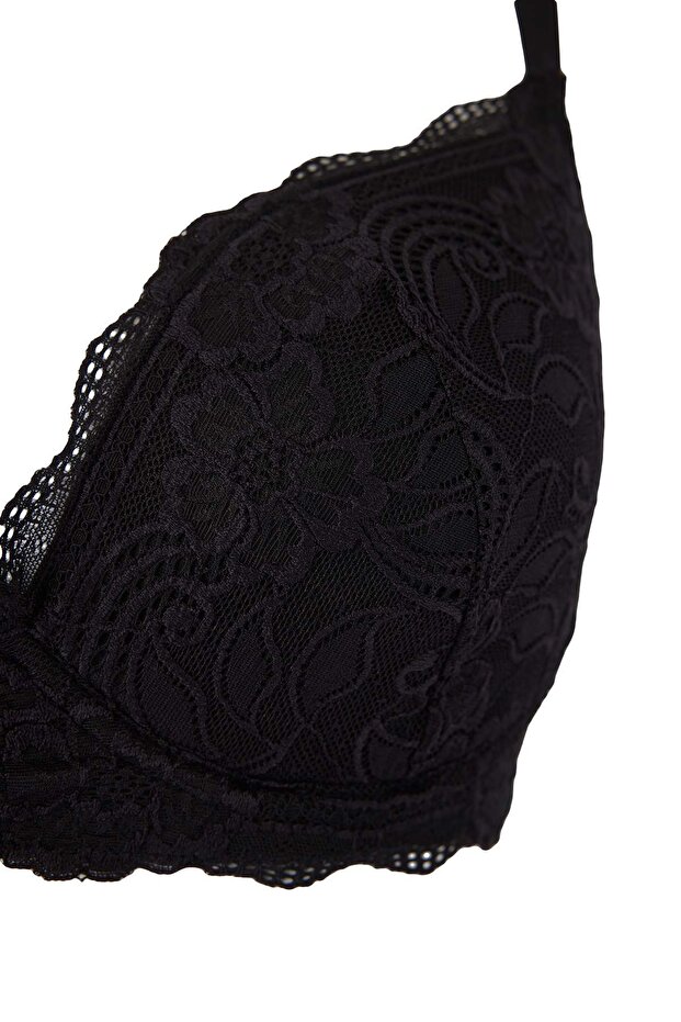 Siyah Balenli Sabit Kaplı Dolgusuz Dilim Dantel Detaylı T-Shirt Bra Sütyen TBBAW26CW00002 - 3