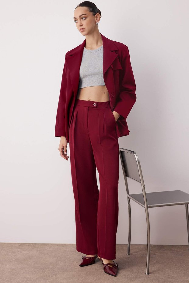 Burgundy Wide Leg/Wide Leg Woven Fabric Trousers Twoaw22Pl0066