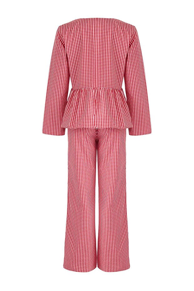 Kırmızı Ekoseli Bağlama Detaylı Viskon Dokuma Pijama Takımı THMAW26PT00026 - 6