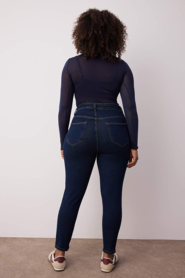 Koyu Mavi Yüksek Bel Esnek Skinny Denim Büyük Beden Jeans TBBAW26CJ00006 - 4