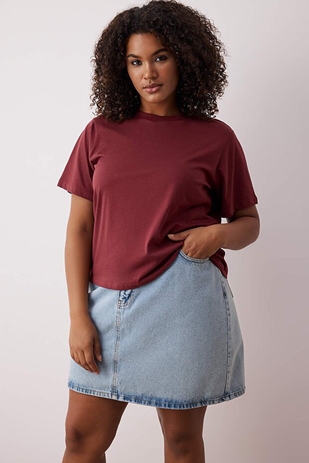 Burgundy Regular Fit Crop nagy méretű póló TBBSS25BF00061 - 1