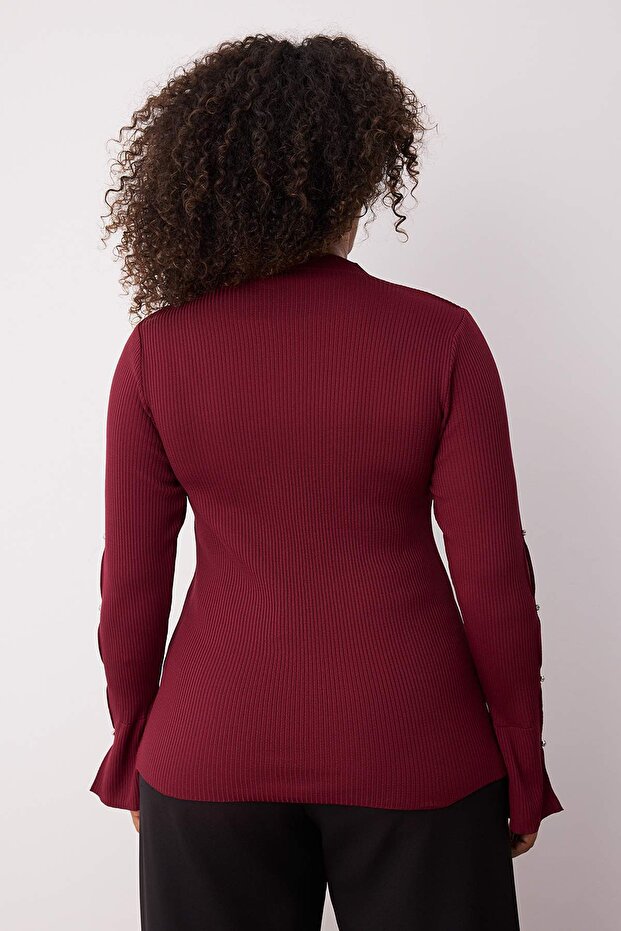 Bordo Vücudu Saran İnce Triko Bluz TBBAW24AF00021 - 4