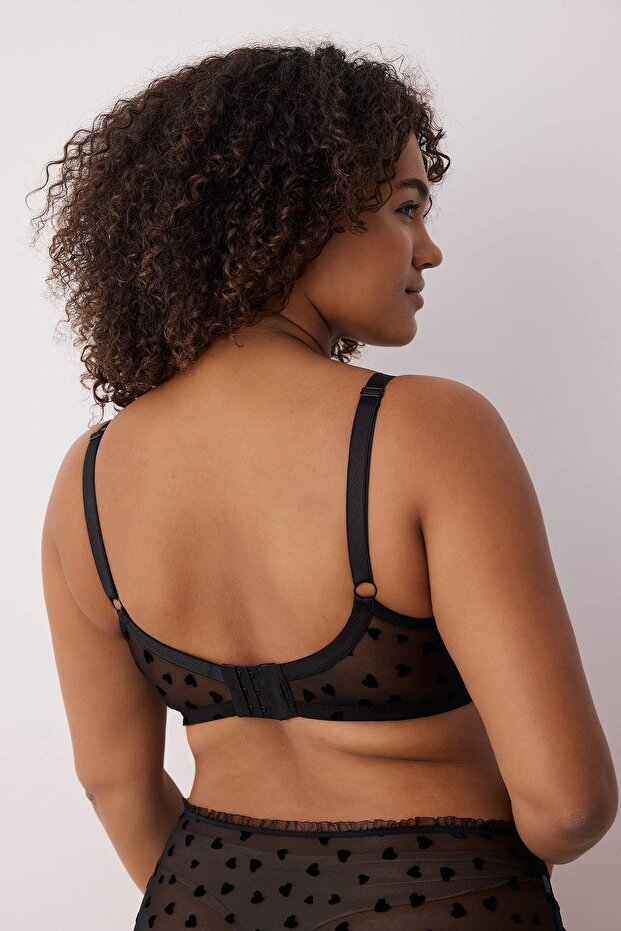 Siyah Flok Baskılı Kalpli Sabit Kaplı Ayarlanabilir Askılı T-Shirt Bra Sütyen TBBSS25CW00011 - 3