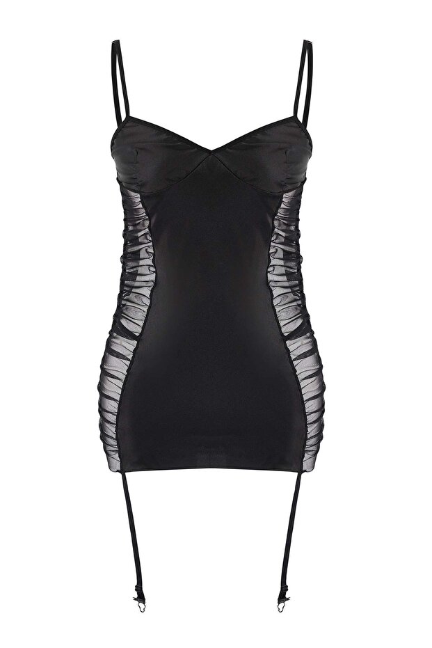 Siyah Jartiyerli Kapsız Saten ve Tül Sırt Transparan Külotlu Babydoll/Fantezi Gecelik THMAW26LL00002 - 5