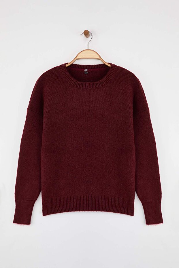 Wardrobe Essentials Bordo Yünlü Premium İplik Basic Geniş Kalıp Triko Kazak | TWOAW26KZ00065 - 5