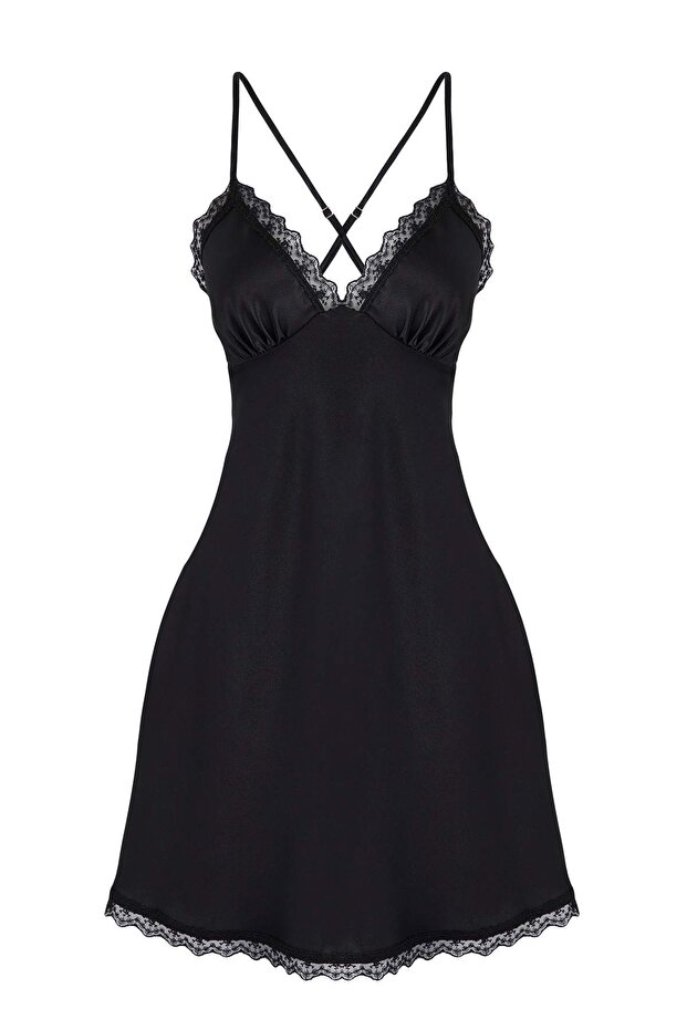 Siyah Yırtmaçlı Tül ve Dantel Detaylı Saten Kapsız Askılı Babydoll/Fantezi Gecelik THMAW26CY00003 - 7