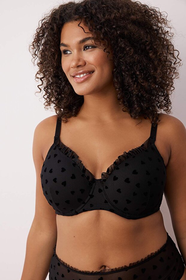 Siyah Flok Baskılı Kalpli Sabit Kaplı Ayarlanabilir Askılı T-Shirt Bra Sütyen TBBSS25CW00011 - 2