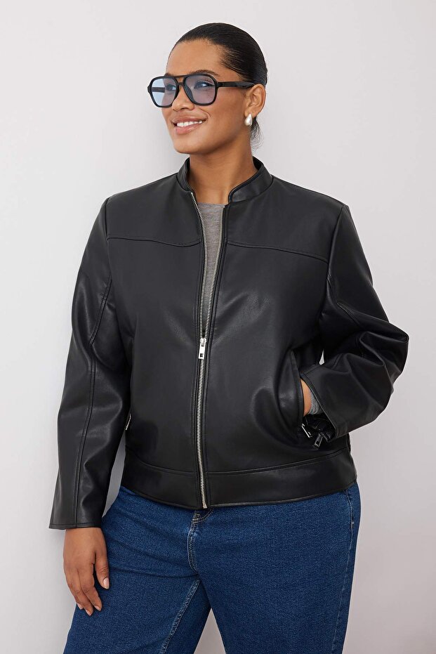 Czarna dopasowana sztuczna skóra Biker Plus Size Cienka kurtka TWOAW26AW00003 - 2