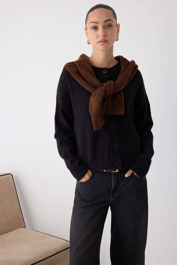 Wardrobe Essentials Siyah Alpaka Yünü Karışımlı Geniş Kalıp Triko Hırka | TWOAW26HI00089 - 2
